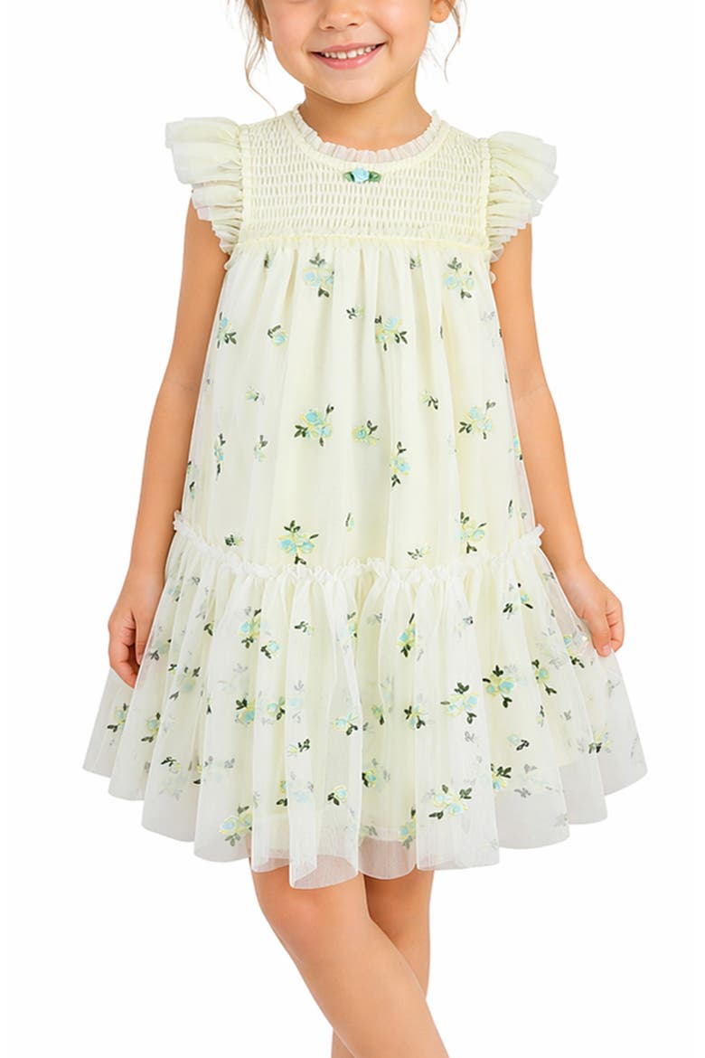 Kids' Embroidered Flutter Sleeve Mesh Party Dress, Alternate, color, YELLOW