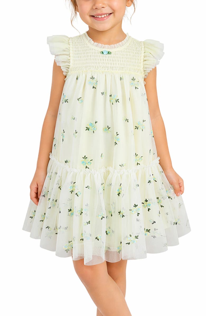 Zunie Kids' Embroidered Flutter Sleeve Mesh Party Dress, Alternate, color, Yellow