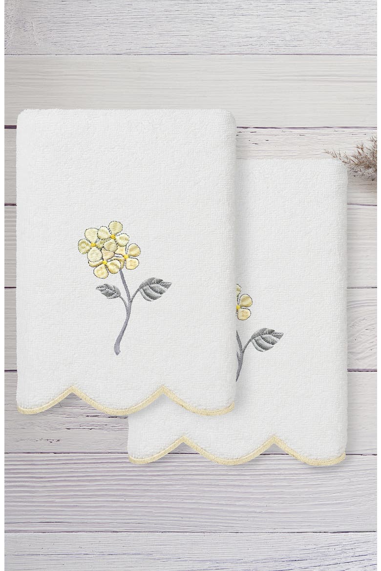 Hydea Embroidered Scallop 2-Piece Hand Towel Set, Alternate, color, WHITE/ BEIGE