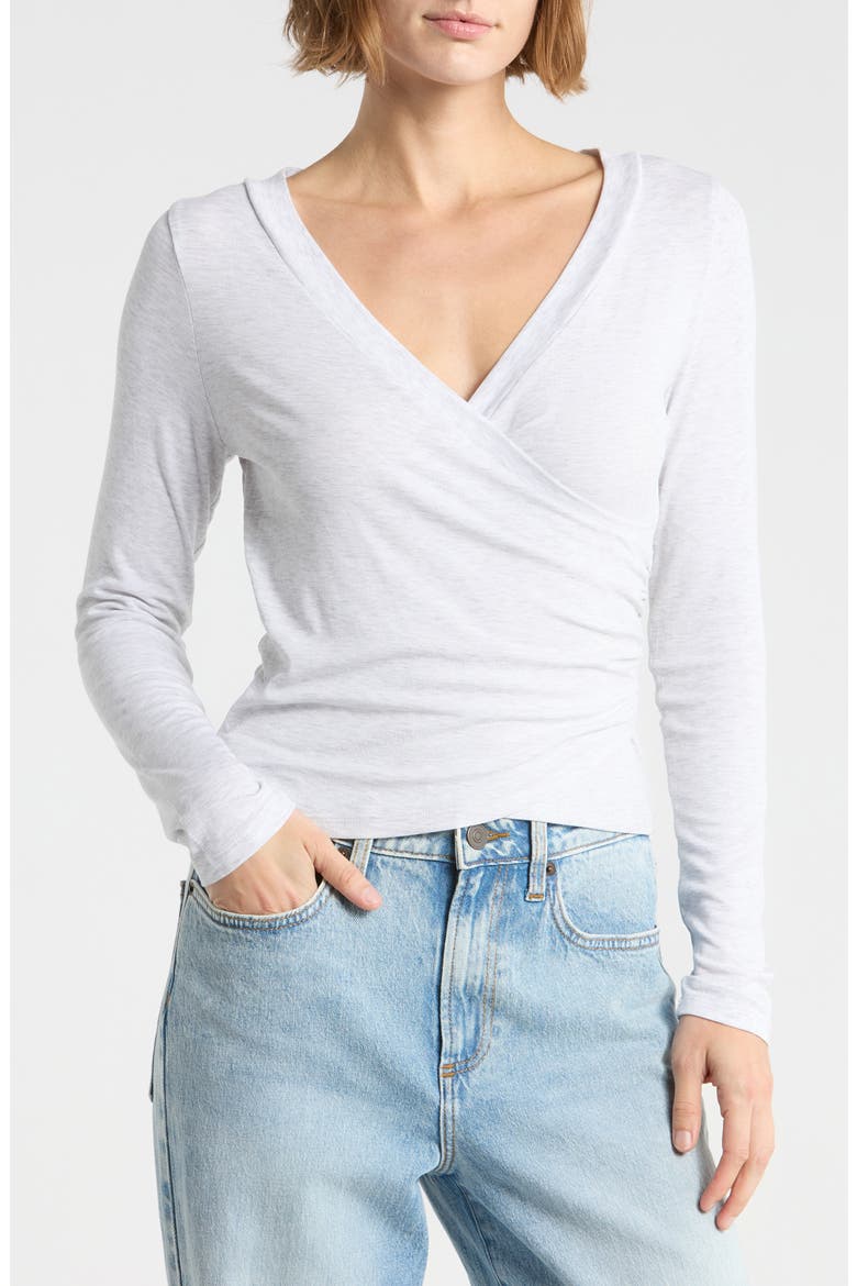 Long Sleeve Faux Wrap Crop Top, Main, color, LIGHT HEATHER GREY