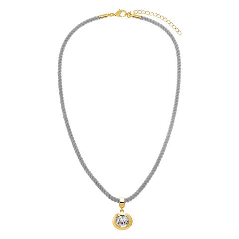 Colored CZ Oval Bezel Pendant & Twisted Cotton Rope Necklace