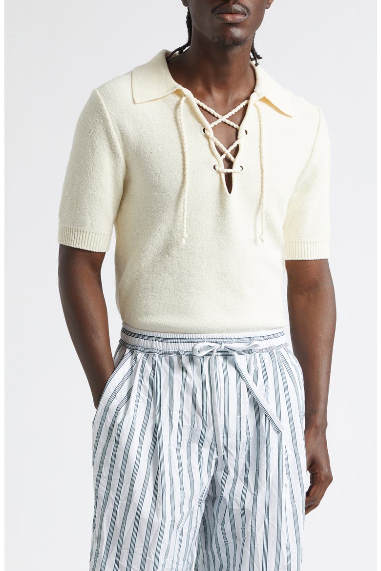 Serafino Lace-Up Cotton Blend Polo Sweater, Main, color, A3791 BEIGE