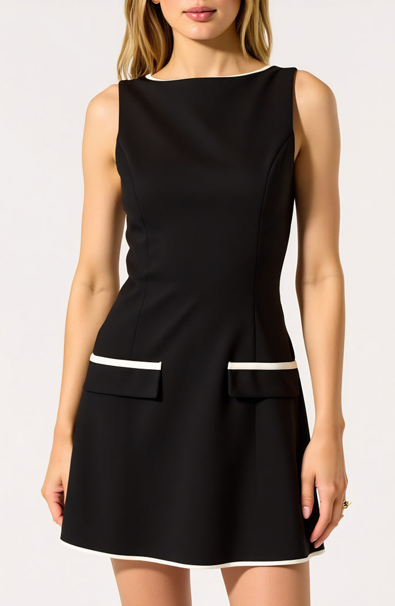 Modenaire Sleeveless Contrast Trim Mini Dress, Main, color, Black