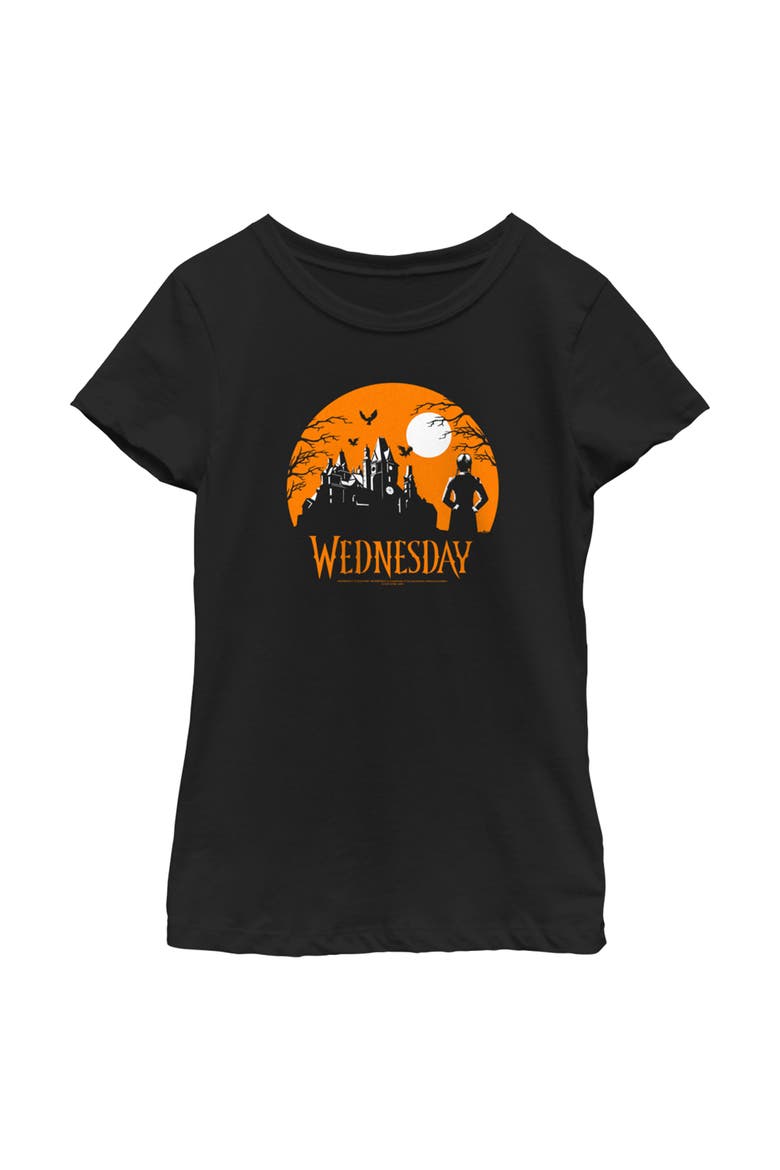Girl's Wednesday Halloween Haunted House  Graphic T-Shirt, Main, color, Black