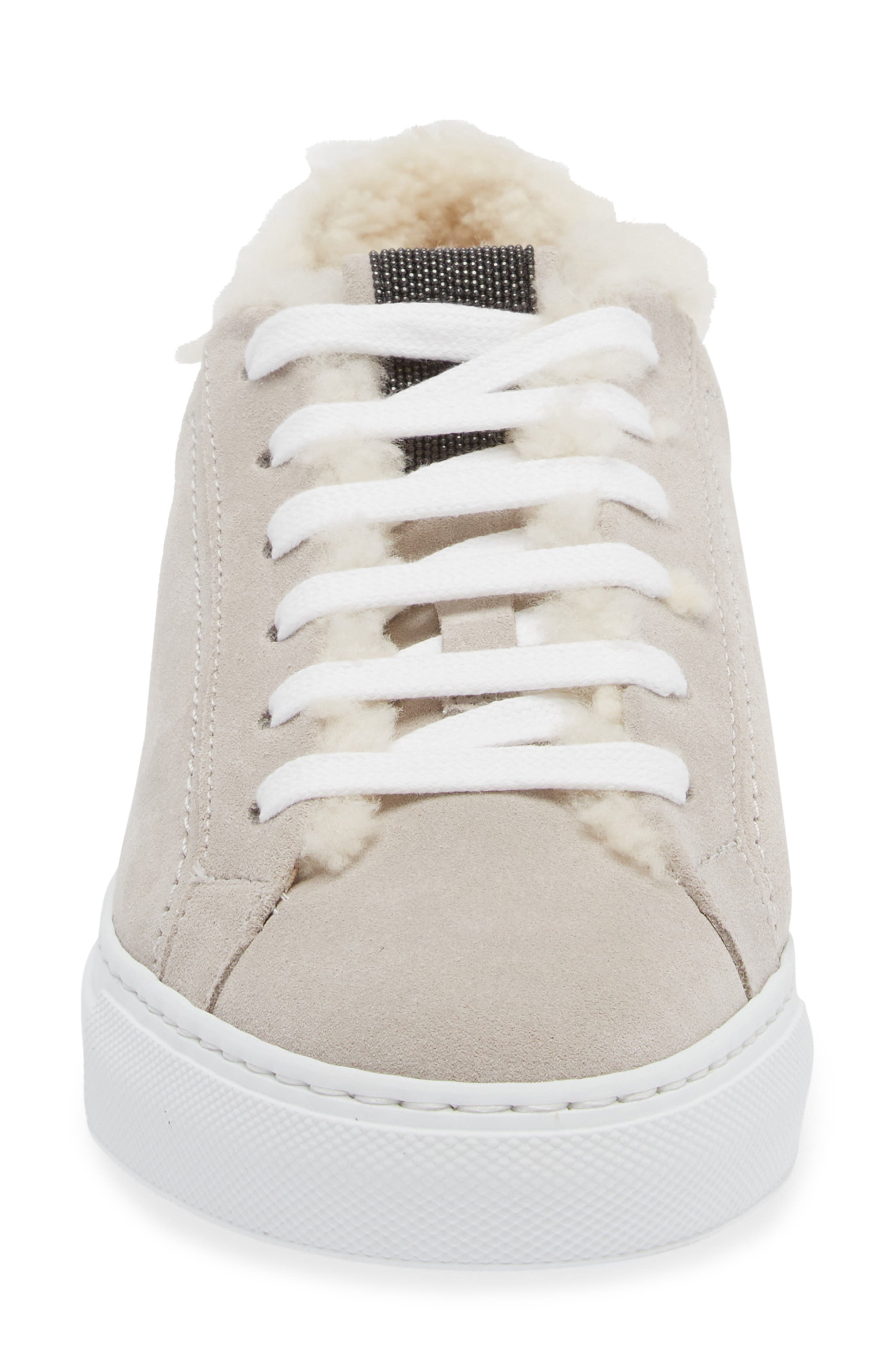 Brunello Cucinelli Monili Detail Genuine Shearling Lined Suede Sneaker, Alternate, color, C9593 Quarzo
