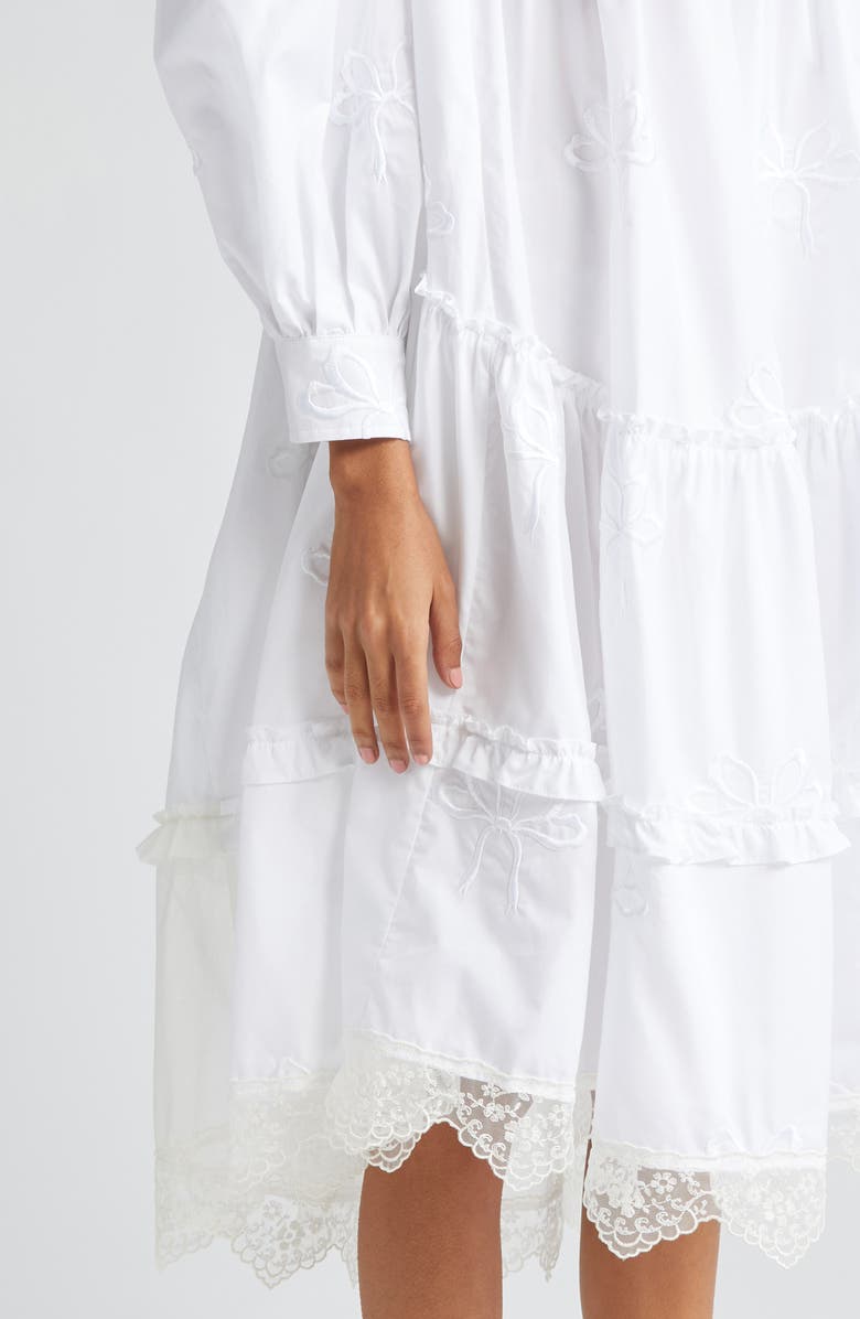 Simone Rocha Asymmetric Floral Embroidered Bow Detail Cotton Babydoll Midi Dress, Alternate, color, 