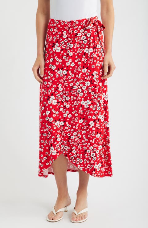 Floral Faux Wrap Knit Midi Skirt