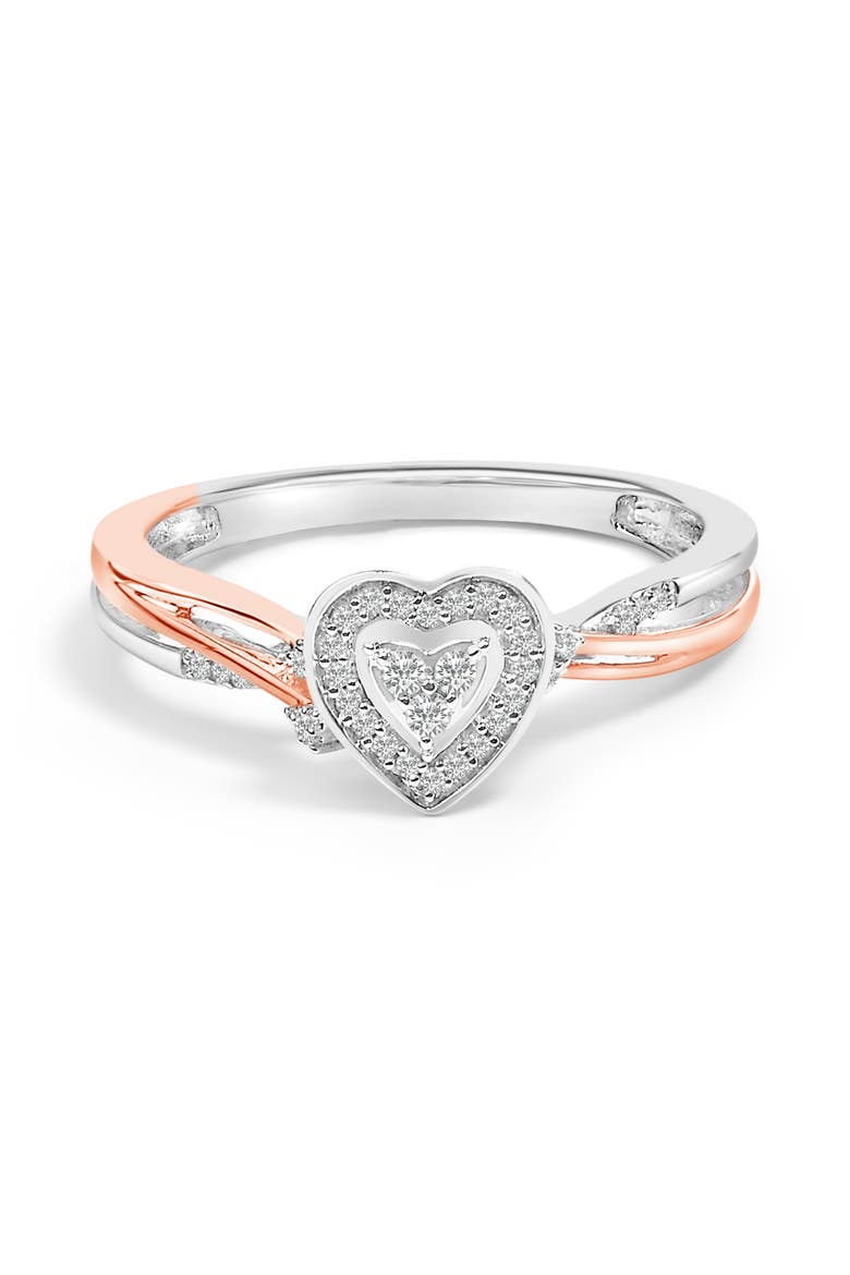 14K Rose Gold Plated Sterling Silver 1/10 Cttw Diamond Heart Motif Ring, Main, color, White Gold over Silver