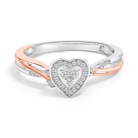 14K Rose Gold Plated Sterling Silver 1/10 Cttw Diamond Heart Motif Ring
