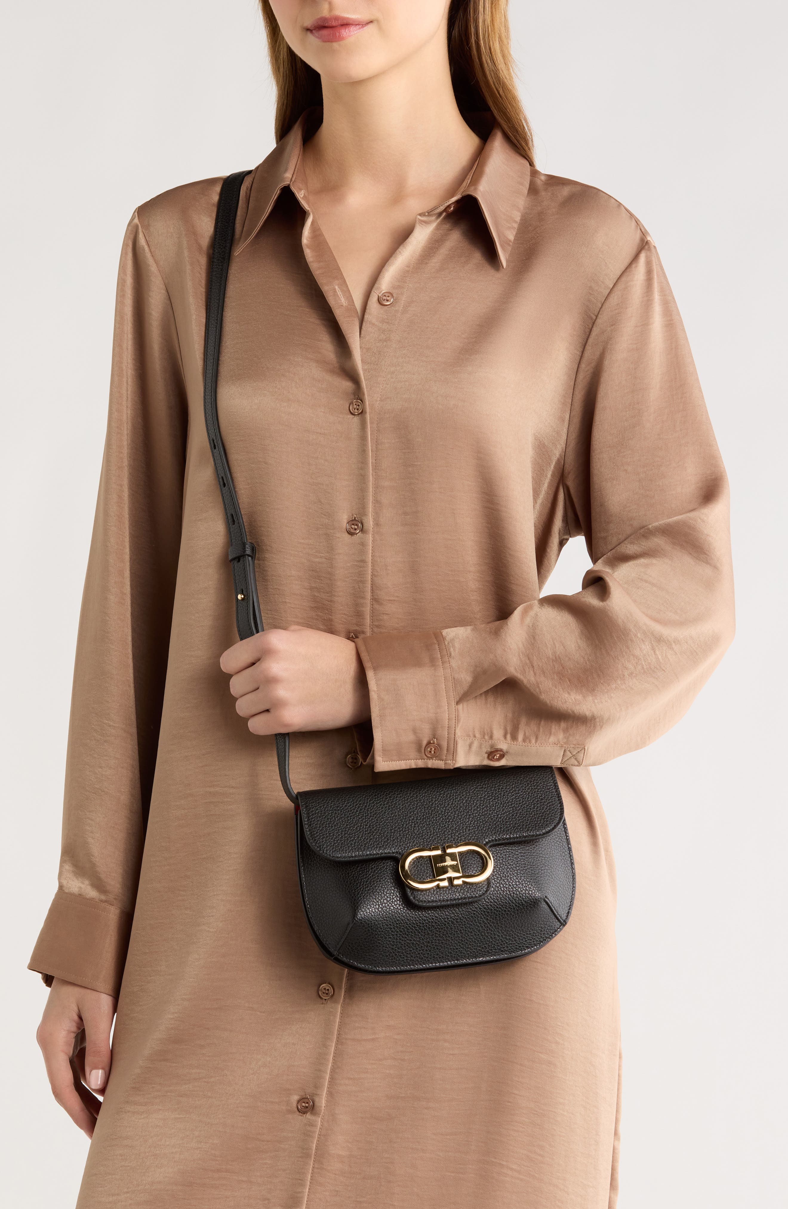 FERRAGAMO Lizzy Double Gancio Leather Crossbody Bag, Alternate, color, Nero/ Flame Red