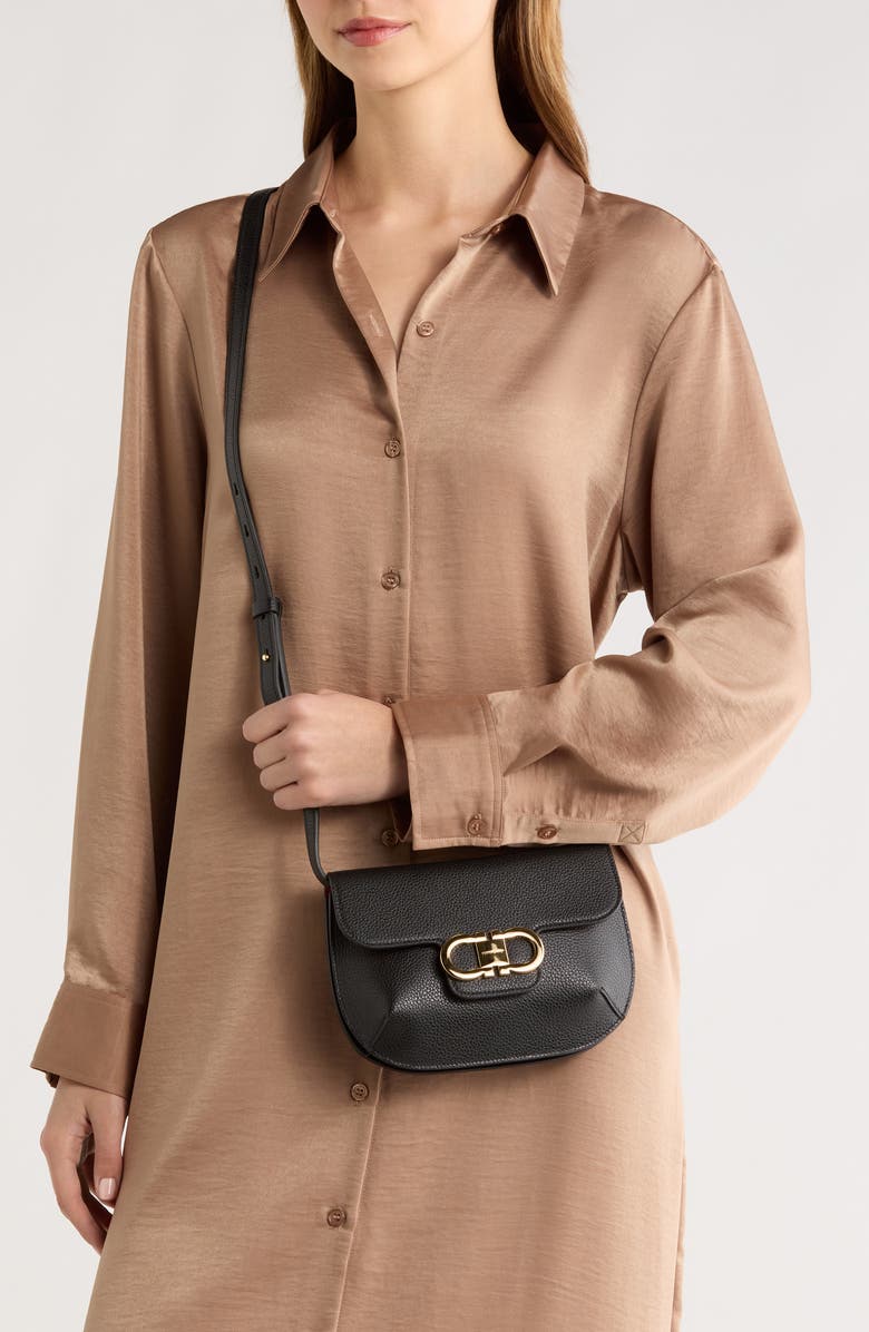 FERRAGAMO Lizzy Double Gancio Leather Crossbody Bag, Alternate, color, Nero/ Flame Red