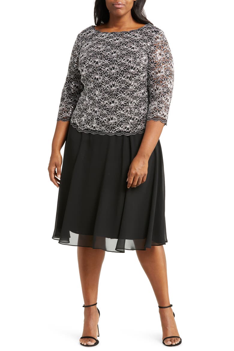 Sequin Lace & Chiffon Dress, Main, color, BLACK WHITE
