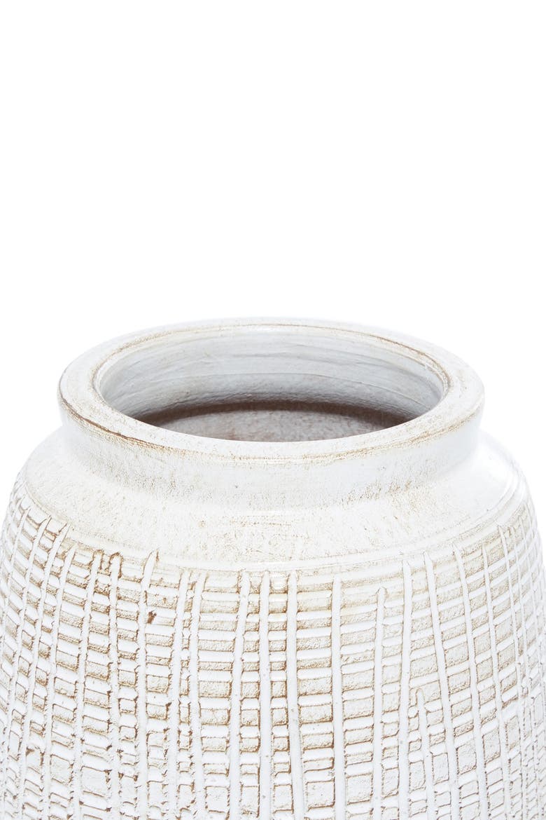 White Ceramic Carved Vase with Crosshatch Design, Alternate, color, WHITE