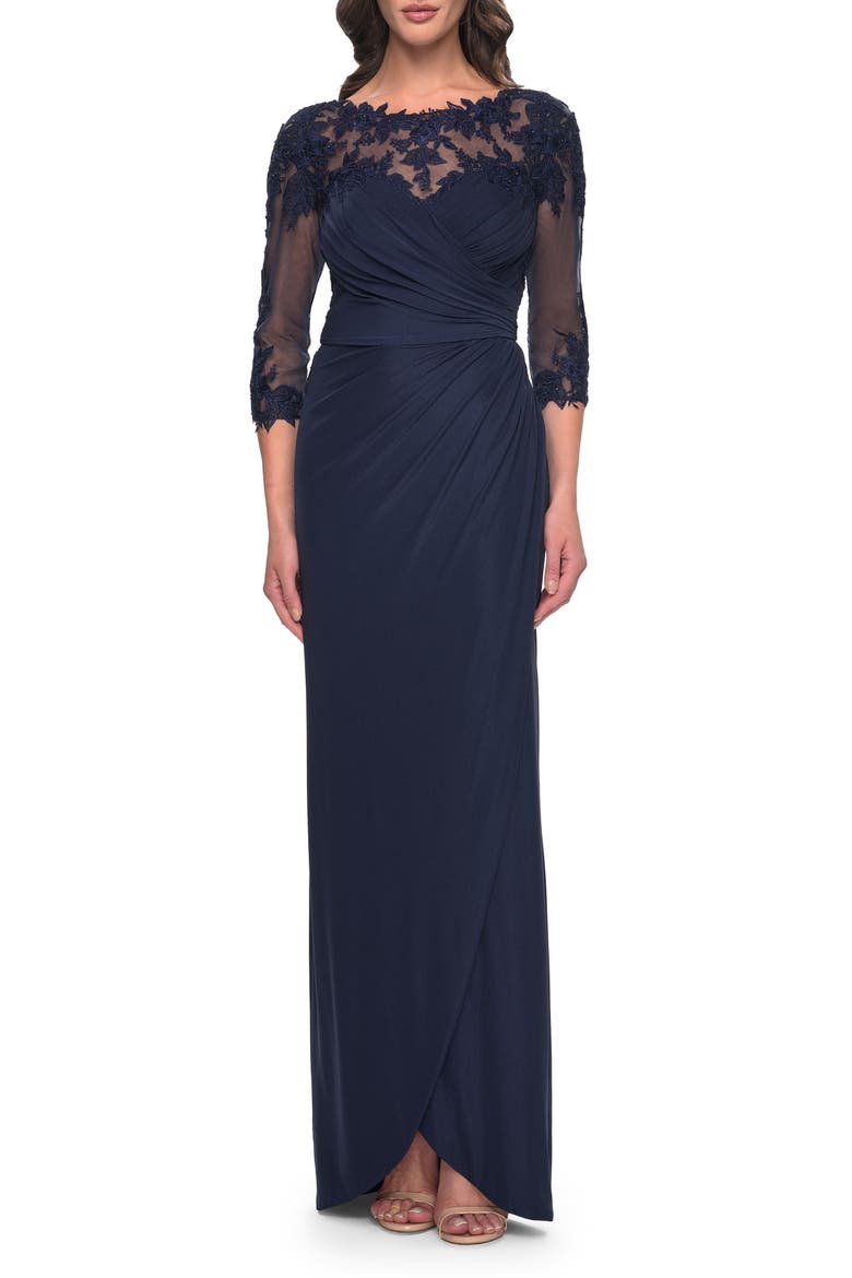 Long Jersey Evening Dress with Lace Detail Neckline and Sleeves, Main, color, Navy