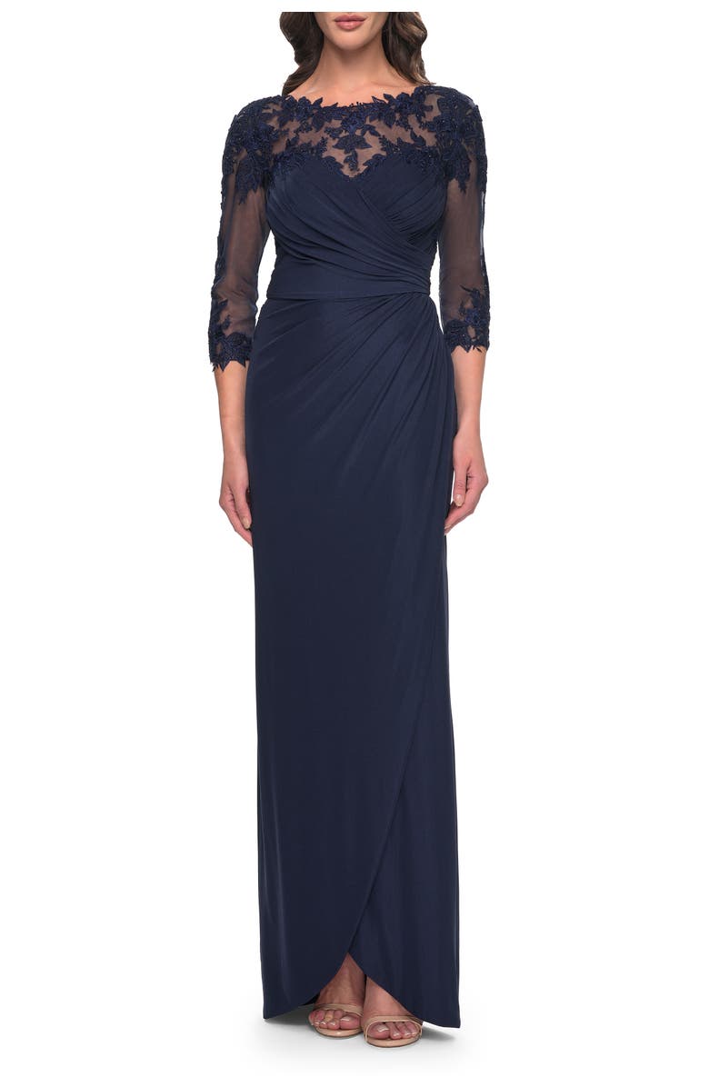 La Femme Long Jersey Evening Dress with Lace Detail Neckline and Sleeves, Main, color, Navy
