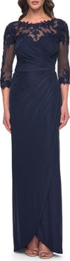 La Femme Long Jersey Evening Dress with Lace Detail Neckline and Sleeves