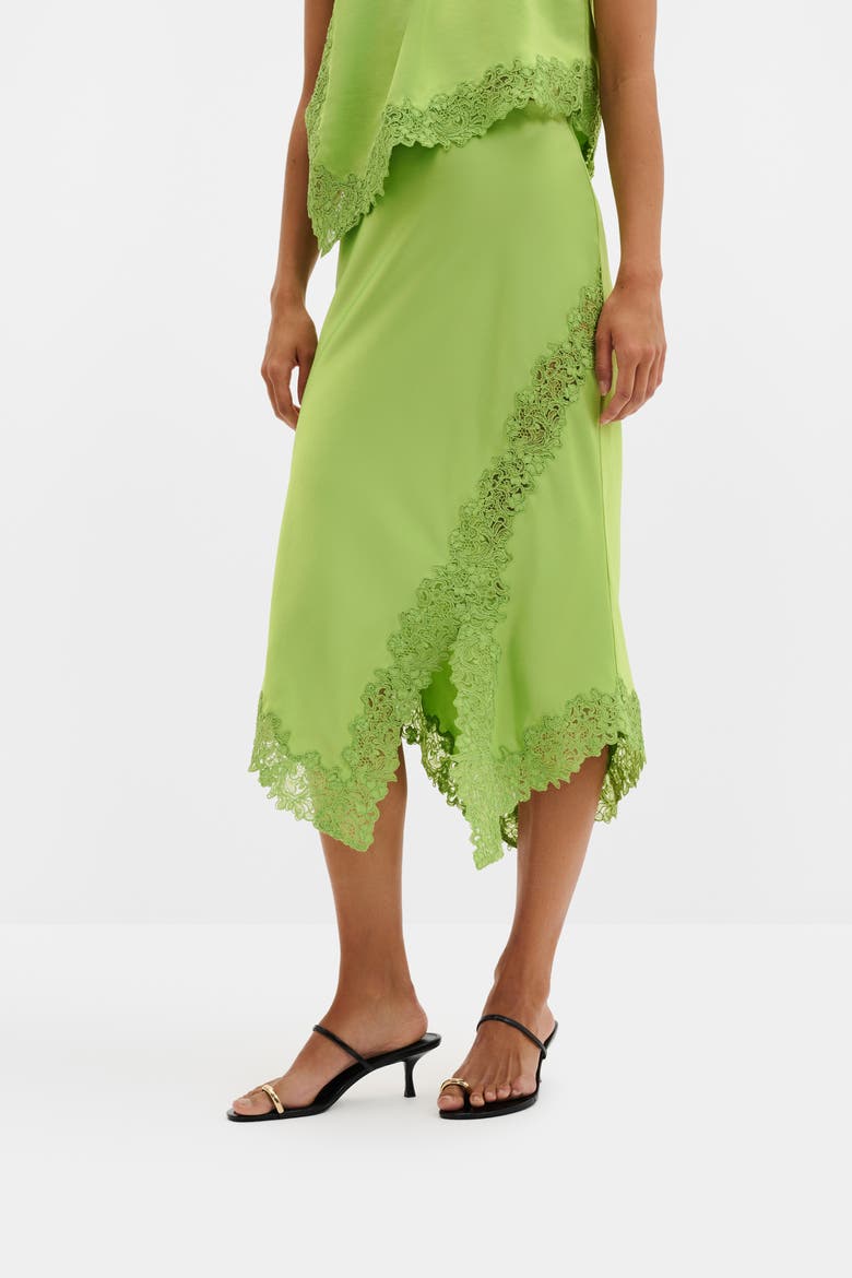 Heylin Asymmetric Lace Hem Midi Skirt, Main, color, Lime