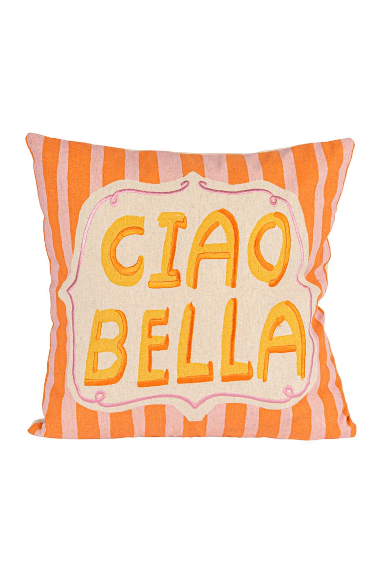 Storied Home "Ciao Bella" Cotton and Linen Printed Pillow, Multicolor, Alternate, color, Pink