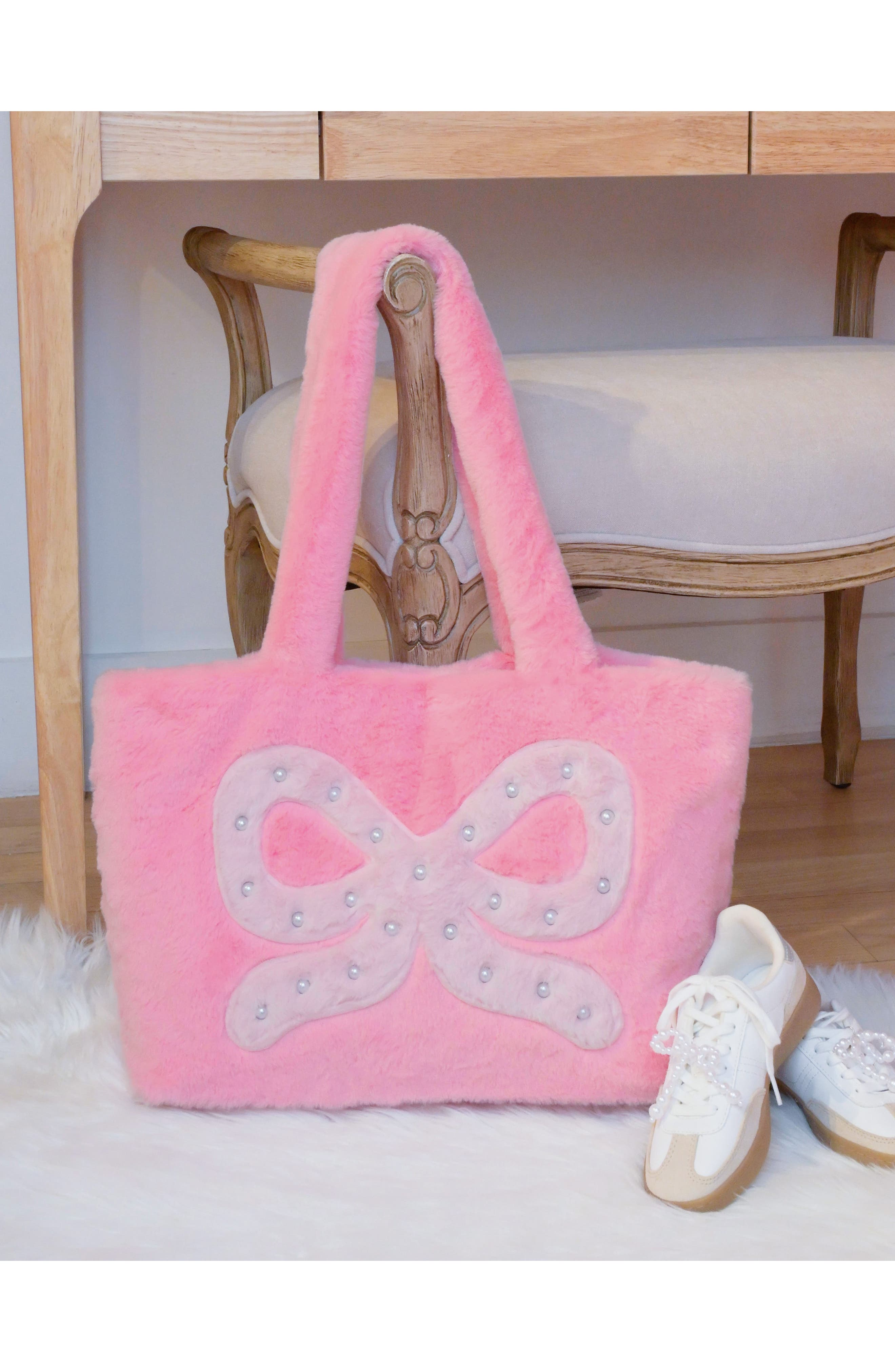 Kids' Bow Plush Tote Bag, Alternate, color, BUBBLE GUM