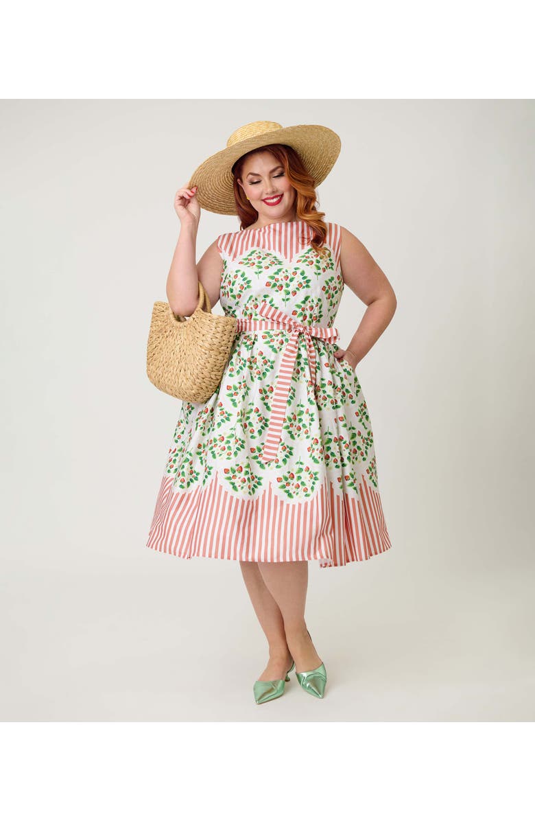 Unique Vintage Plus Size Sleeveless Belted Swing Dress, Alternate, color, Pink Stripe W/ Strawberries