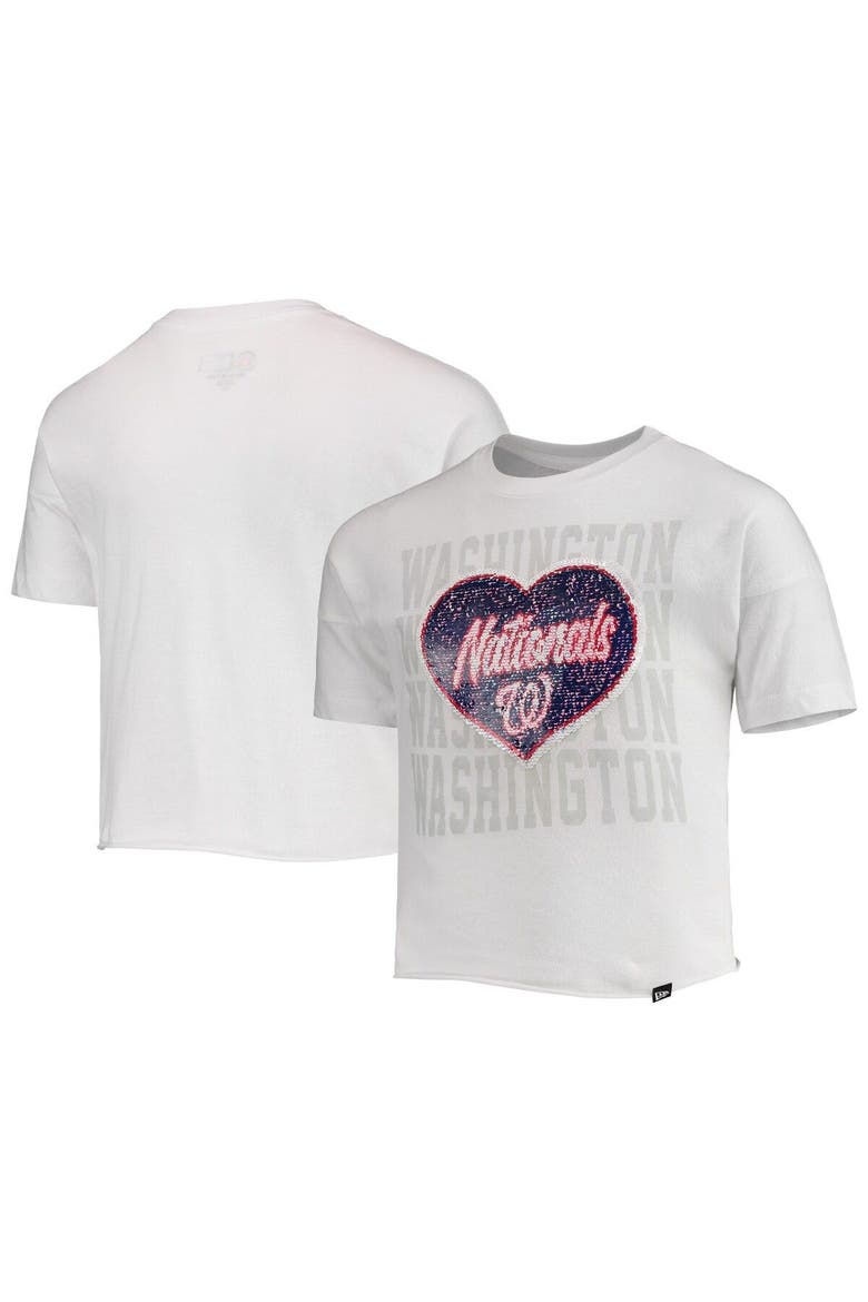 Girls Youth New Era White Washington Nationals Flip Sequin Heart Crop Top, Main, color, White