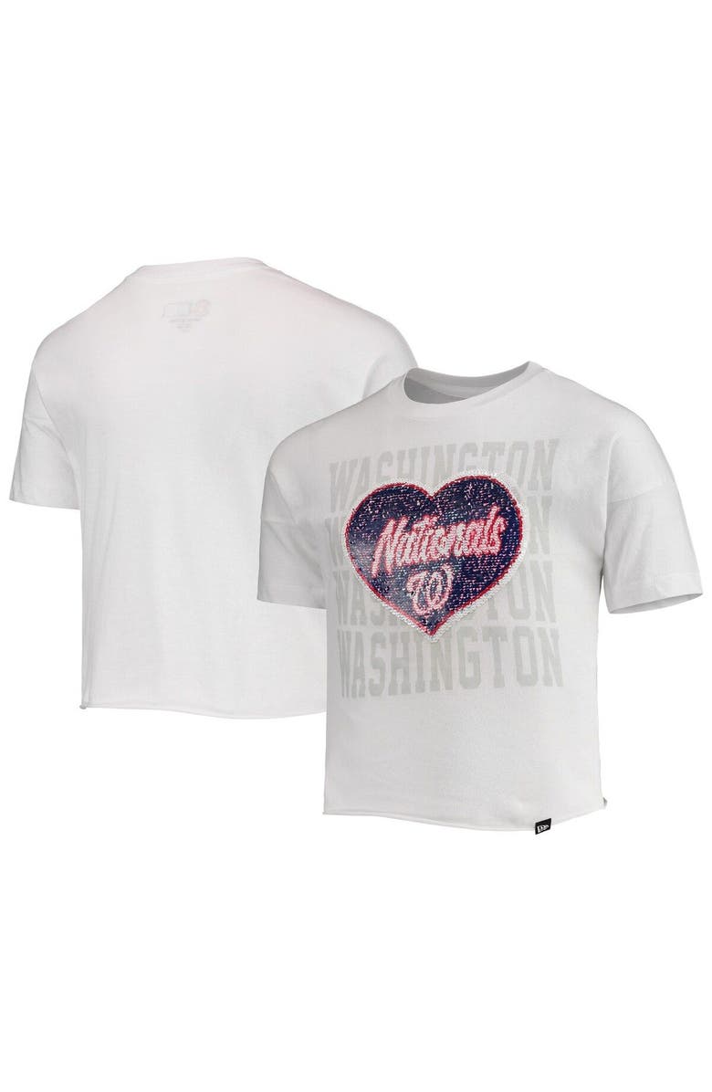 New Era Girls Youth New Era White Washington Nationals Flip Sequin Heart Crop Top, Main, color, White