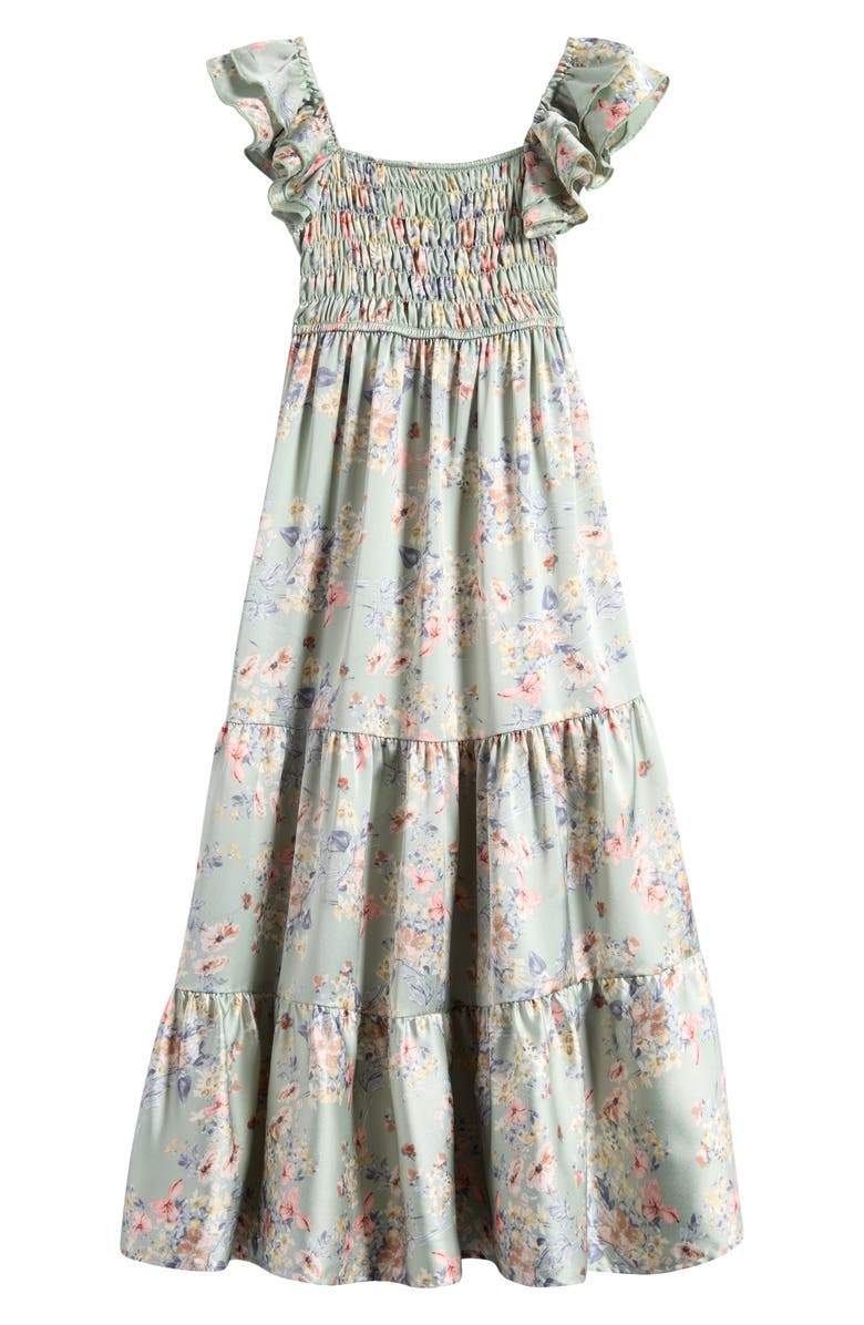 Ava & Yelly Kids' Floral Smocked Bodice Satin Maxi Dress, Main, color, 