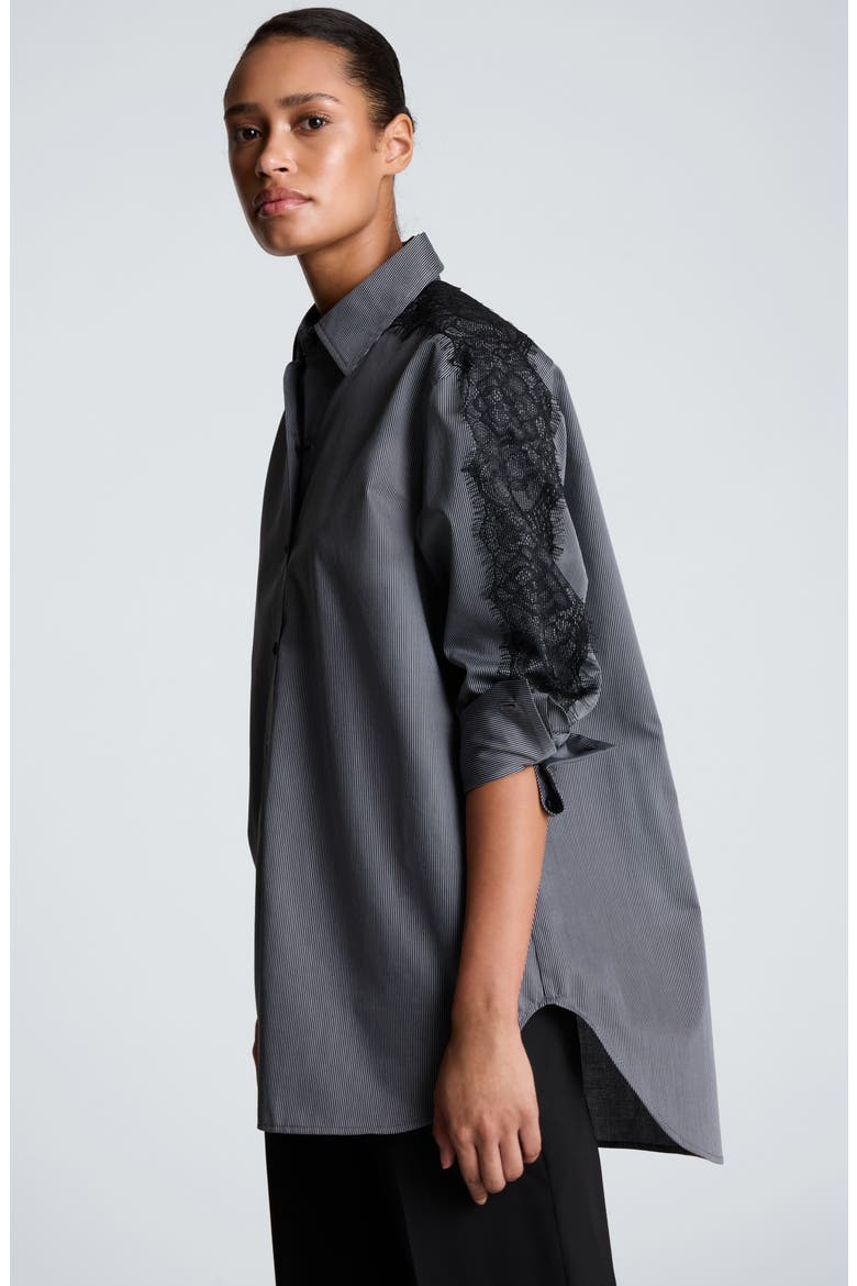 Lace Trim Striped Boyfriend Shirt, Alternate, color, BLACK/ PEWTER MIST