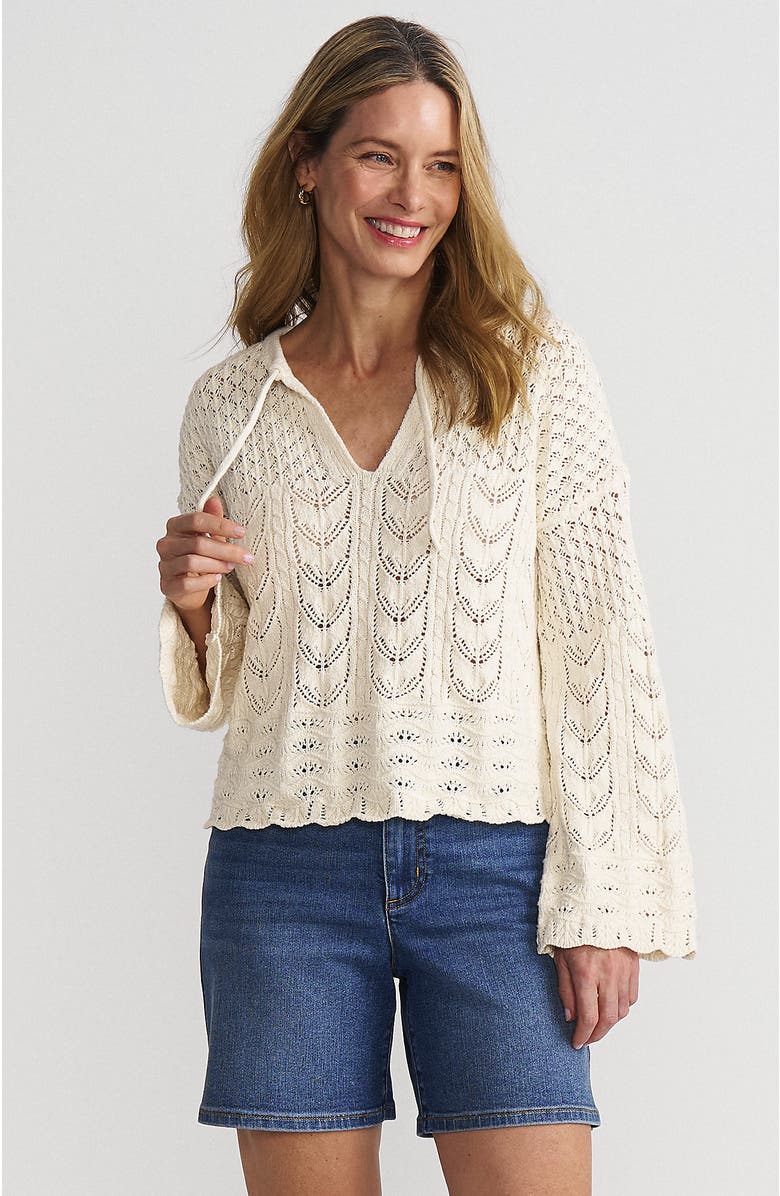 Lands' End Cotton Boucle Pointelle Notch Neck Sweater, Main, color, Fresh Ivory