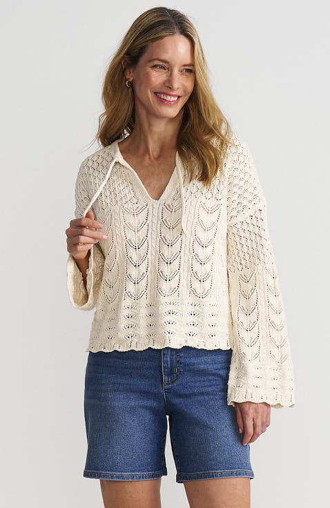 Cotton Boucle Pointelle Notch Neck Sweater