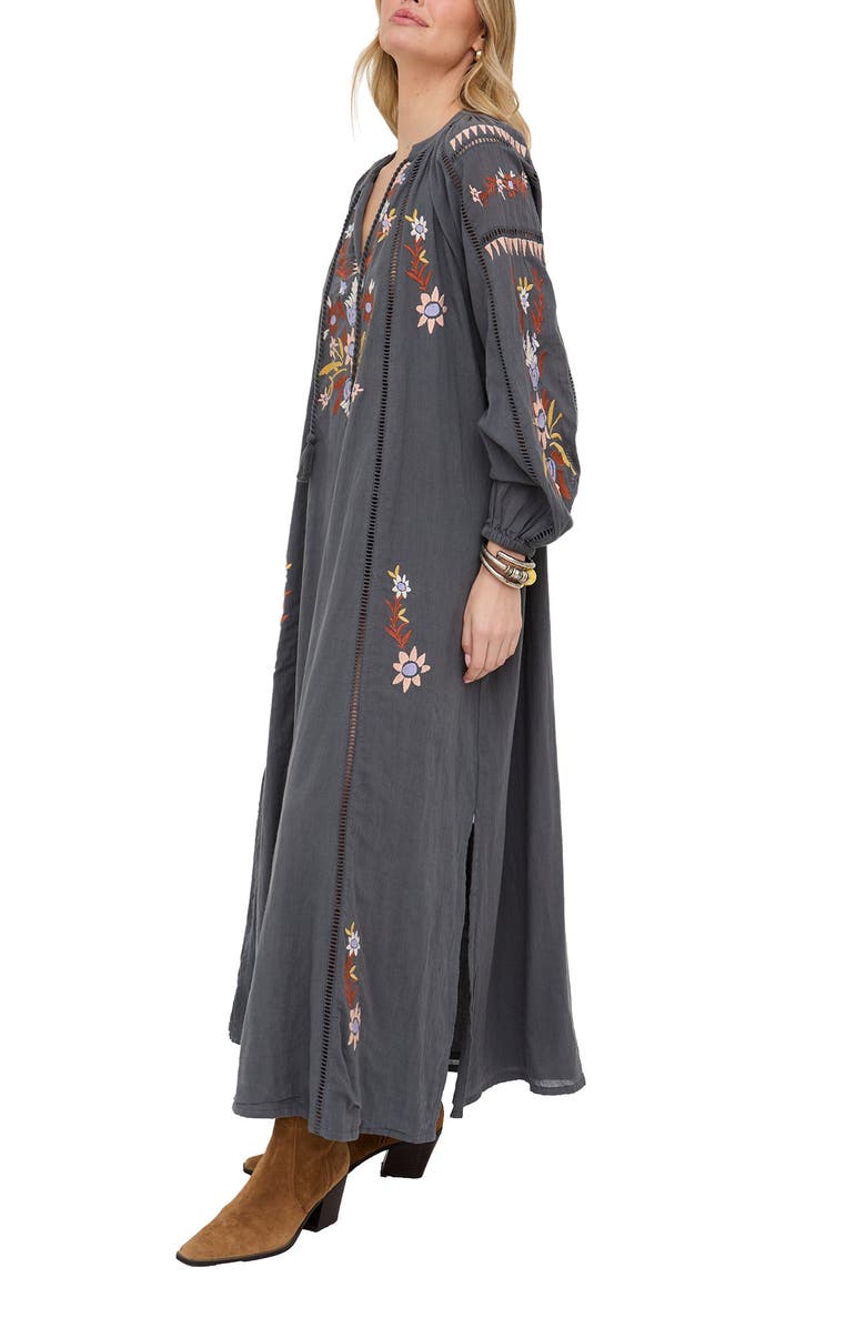 Raffya Elisa Kaftan Style Embroidered Maxi Dress, Alternate, color, Dark Grey