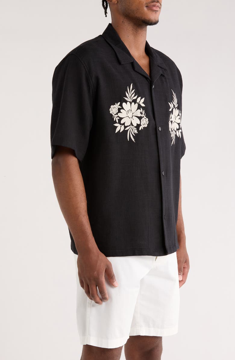 PacSun Floral Appliqué Lyocell Camp Shirt, Alternate, color, Black