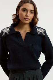 Karen Millen Embellished Collar V Neck Knit Sweater
