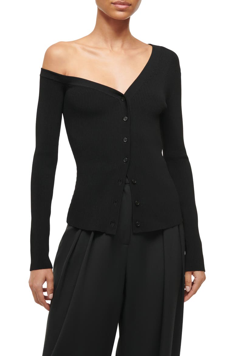 Craftsman One-Shoulder Rib Cardigan, Main, color, BLACK