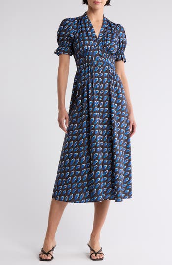 Area Stars Puff Sleeve Button Front Dress In Blue Leaf