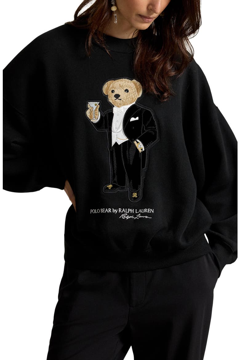 Martini Polo Bear Patch Fleece Crewneck Sweatshirt, Main, color, BLACK