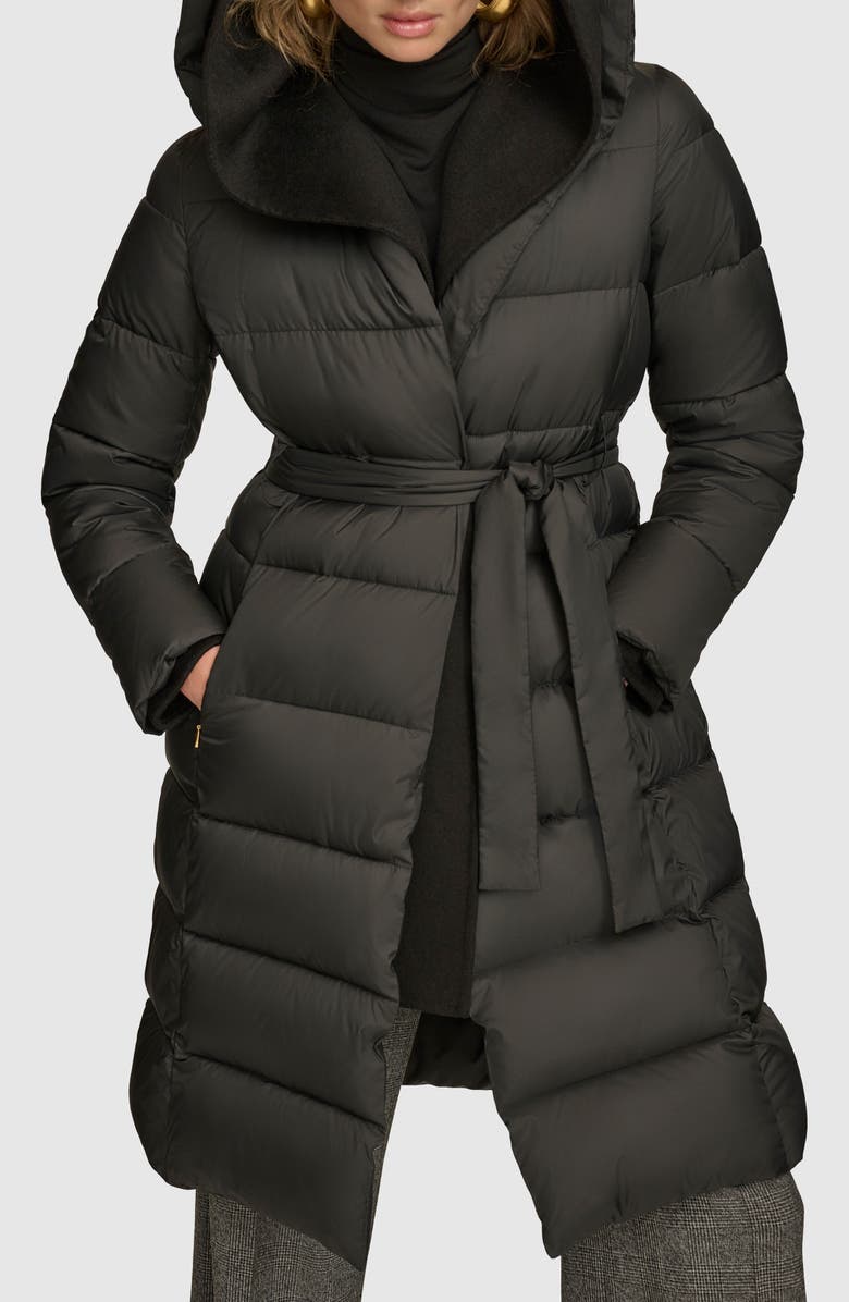 Donna Karan New York Water Resistant Mixed Media Hooded Puffer Coat, Main, color, Black