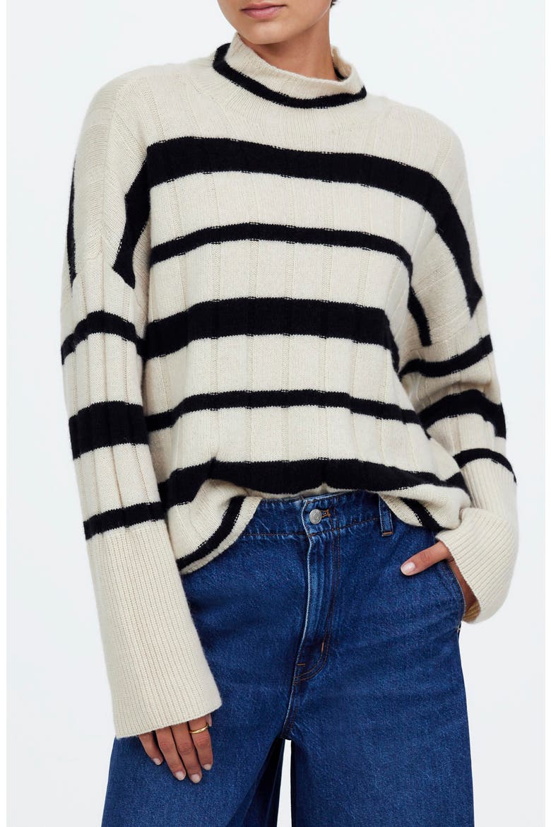 Stripe Rib Cashmere & Wool Blend Funnel Neck Sweater, Main, color, BLACK/WHITE STRIPE