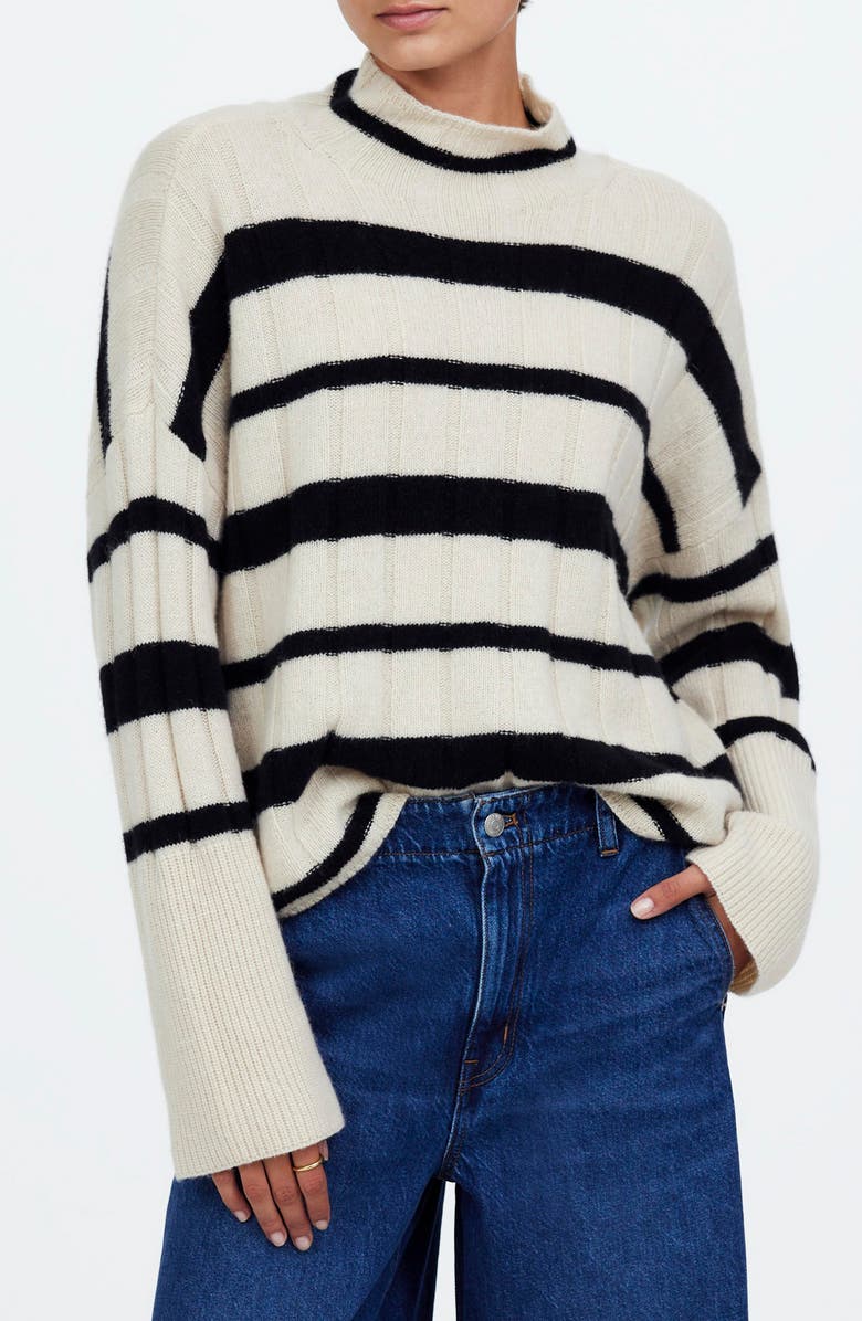 Madewell Stripe Rib Cashmere & Wool Blend Funnel Neck Sweater, Main, color,