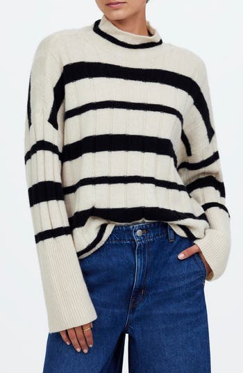 MADEWELL MADEWELL STRIPE RIB CASHMERE & WOOL BLEND FUNNEL NECK SWEATER 