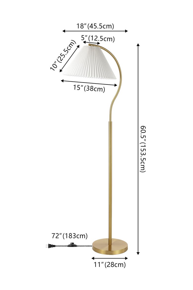 Devon Modern Glam Metal Arc LED Floor Lamp with Pleated Shade, Alternate, color, Brass Gold