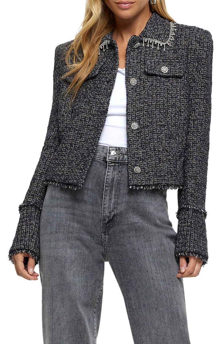 River Island Diamante Bouclé Jacket, Main, color, 