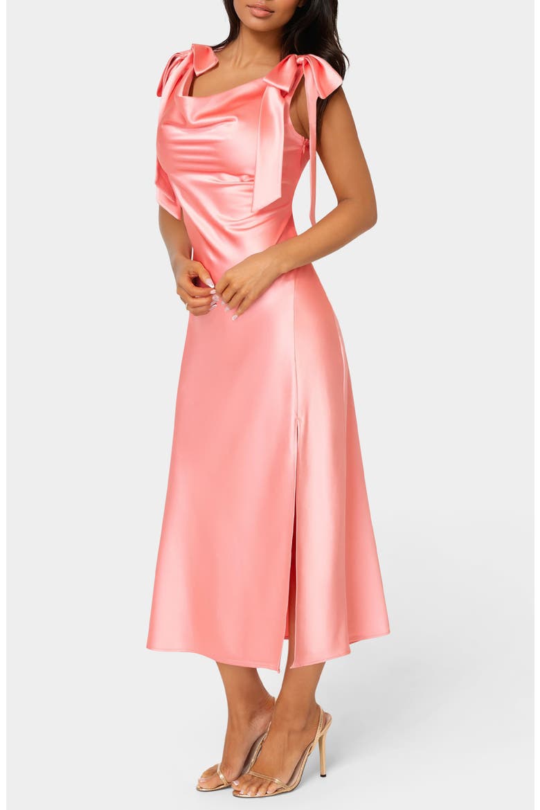 Shoulder Tie Satin Midi Dress, Alternate, color, CORAL