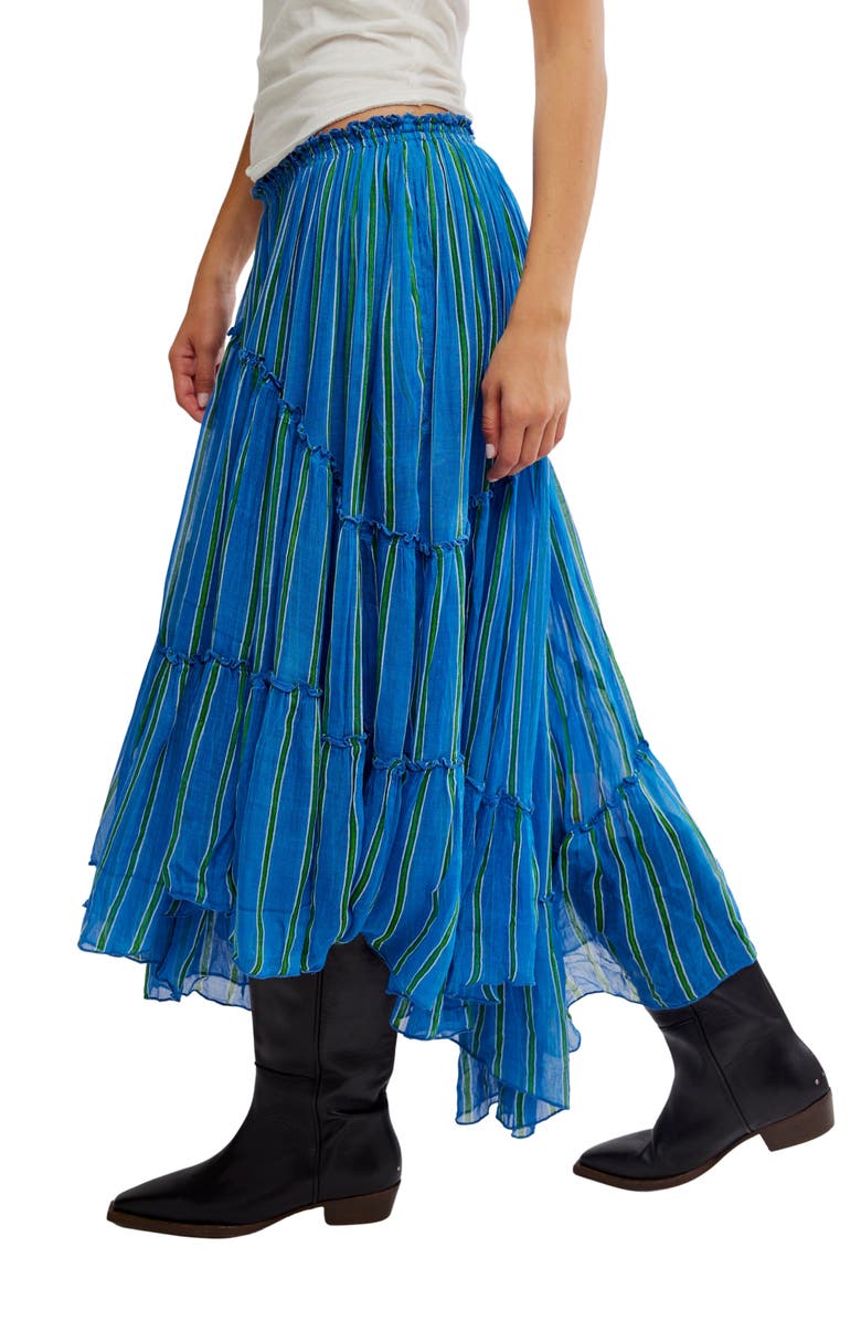 Free People Ember Tiered Stripe Midi Skirt, Alternate, color, Blue Marina