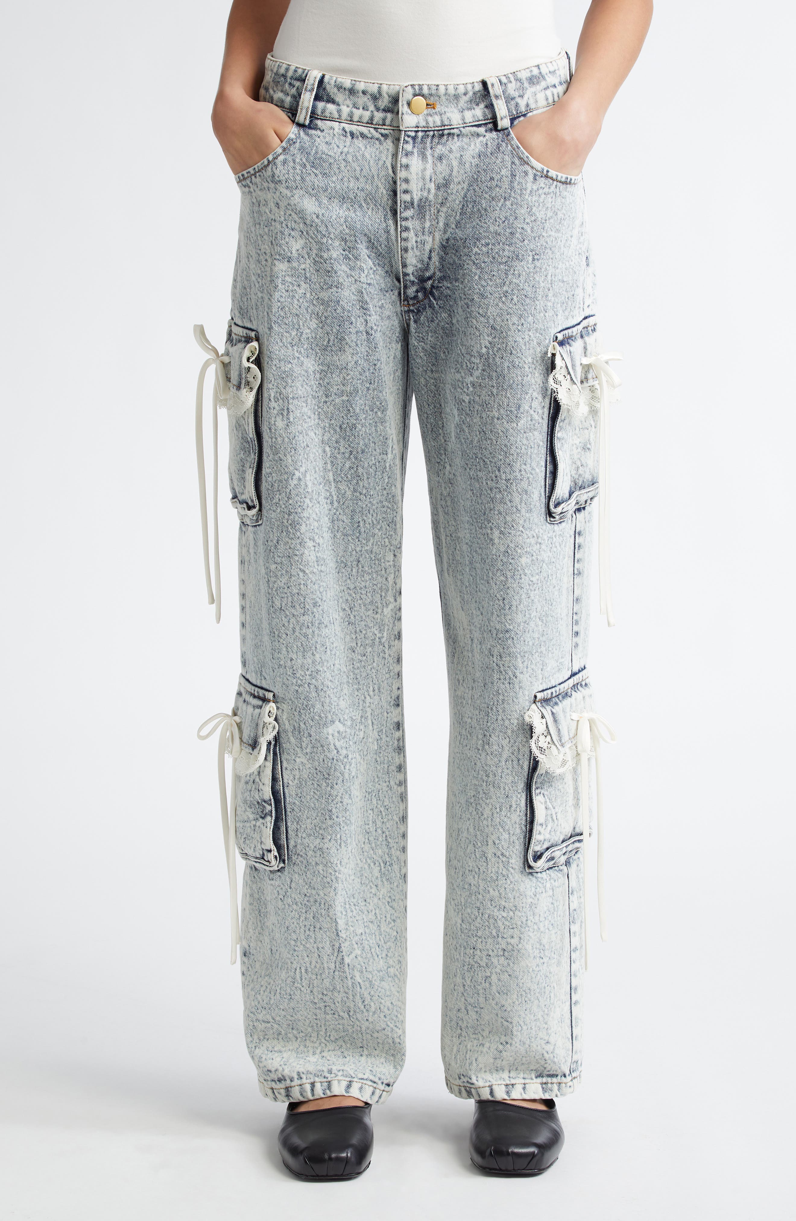 Tanner Fletcher Gender Inclusive Sid Lace Trim Cargo Jeans in Vintage Wash 
