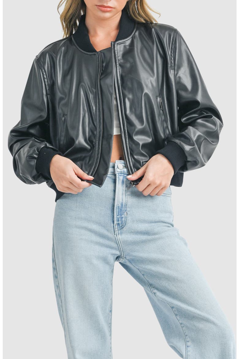 Faux Leather Bomber Jacket, Main, color, BLACK
