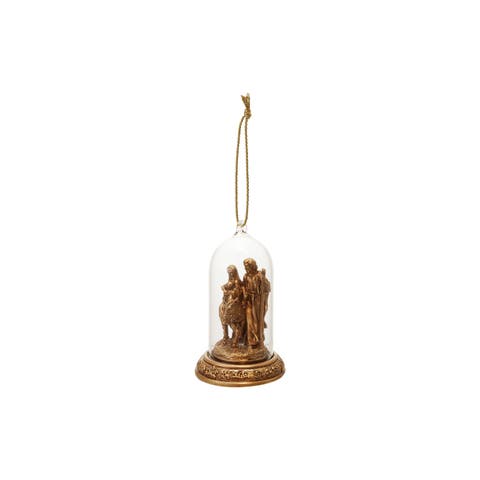 Resin Cloche Holy Family Ornament with LED Light, Antique Gold Finish