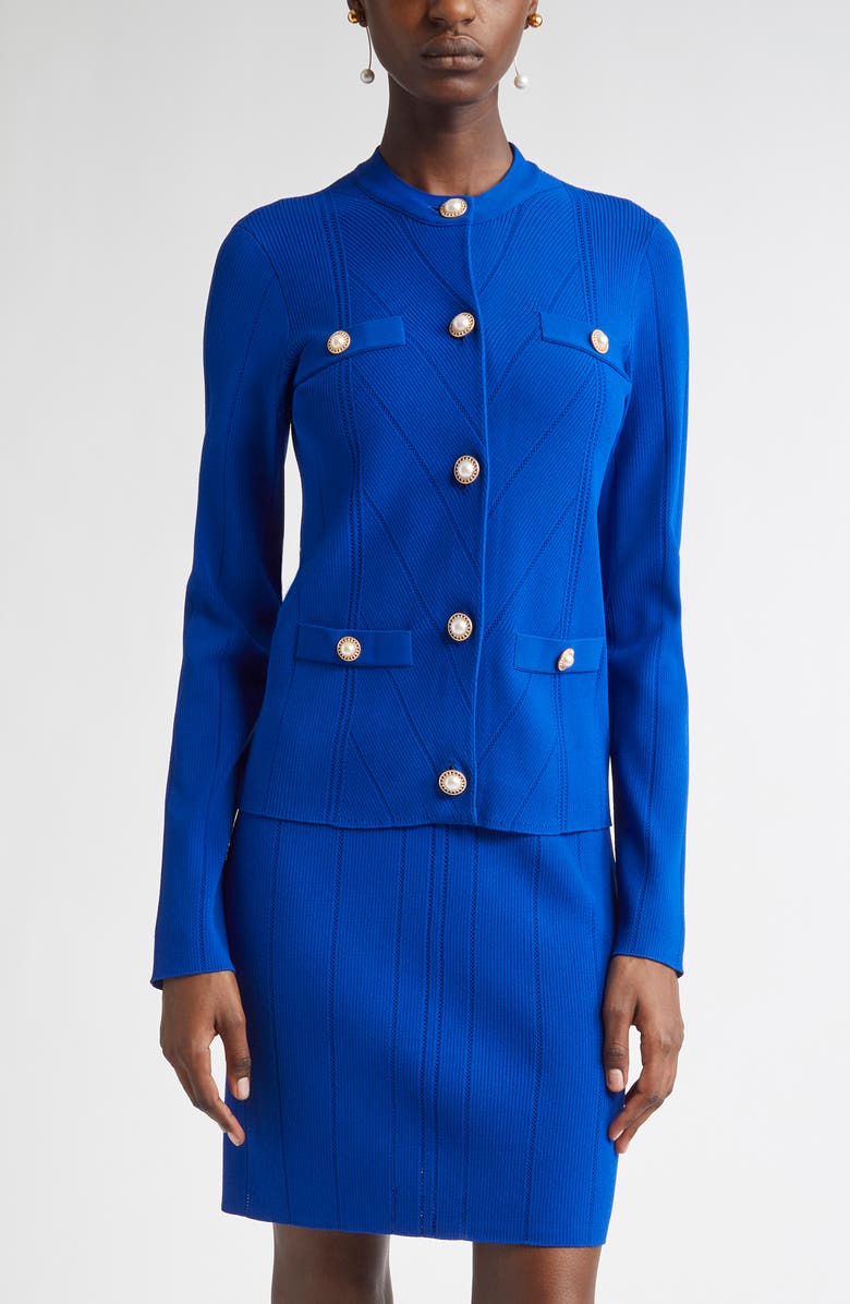 ST. JOHN Moving Ribs Pointelle Knit Jacket, Main, color, Cobalt