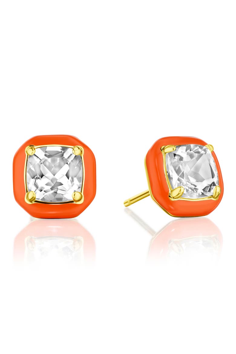 Theresa Cushion Cut White Topaz Enamel Stud Earrings, Main, color, ORANGE