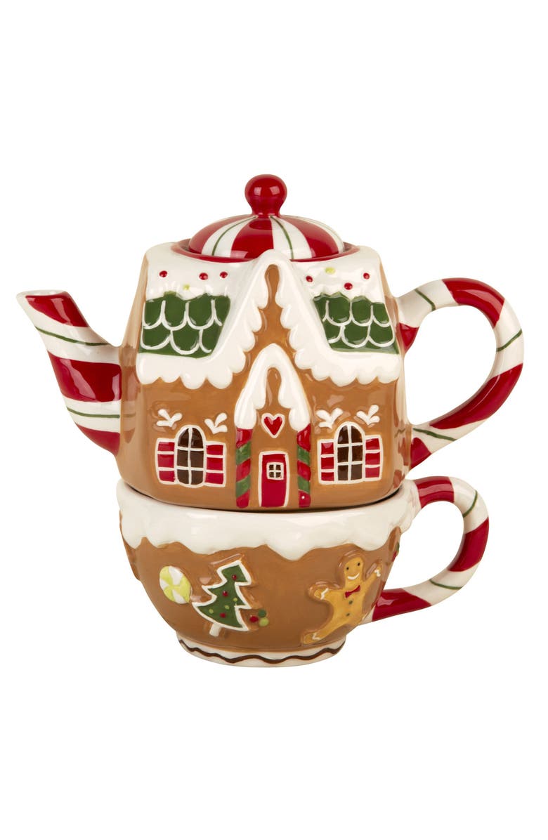 HOME ESSENTIALS AND BEYOND Christmas Gingerbread House Teapot & Mug Set, Main, color, Brown Multi